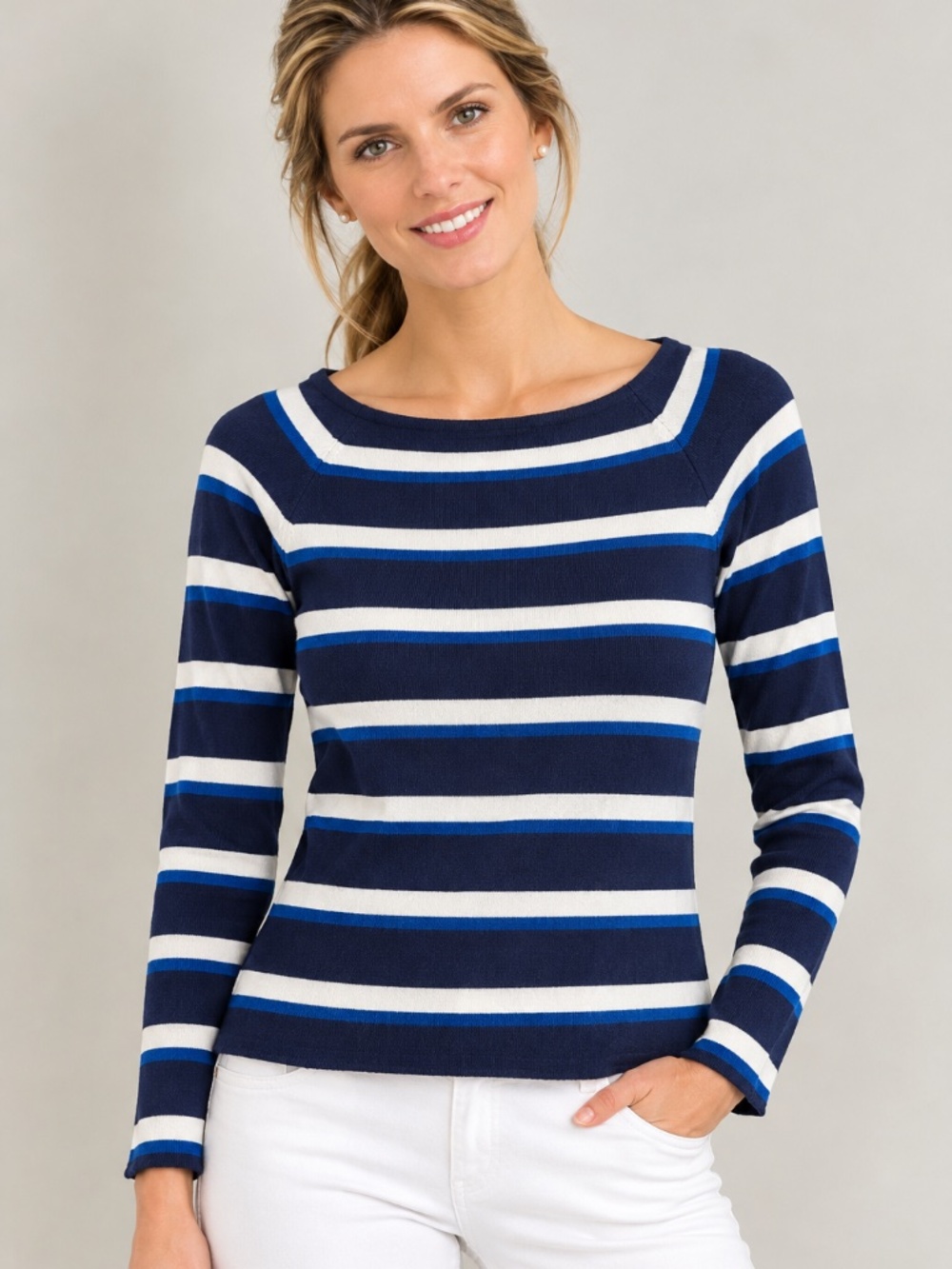 White, Blue and Navy Top